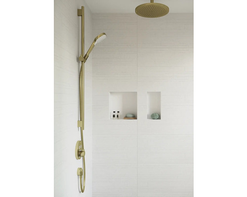Duscharmatur mit Handbrause und Kopfbrause vor einer weißen Wand mit zwei Regalen.