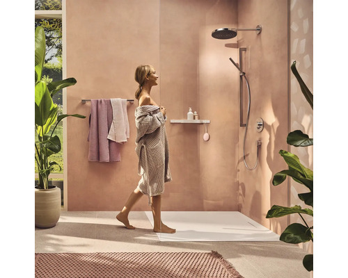 Badezimmer mit Dusche, Duschwanne, Handtüchern und Zimmerpflanzen.