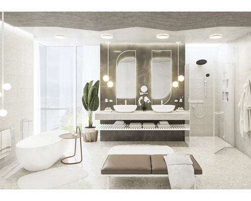 Helles Badezimmer mit Doppelwaschbecken, Dusche, Badewanne und Sitzgelegenheit