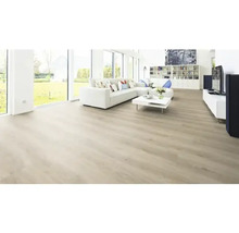 Heller Wohnraum mit Laminatboden, Sofa, Tisch und Fensterfront