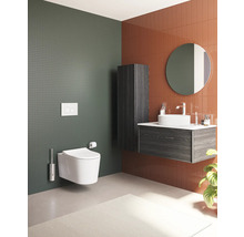 Modernes Badezimmer mit Wandtoilette, Waschtisch und Spiegel