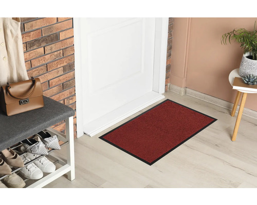 Fußmatte vor einer weißen Tür mit Schuhregal und Dekoration