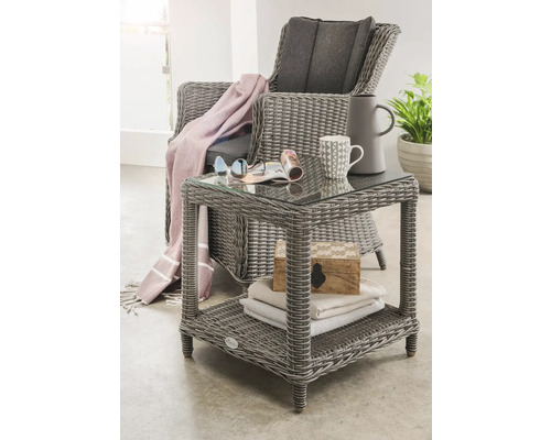 Gartensessel Destiny Luna grau mit Polyratten-Glastisch, Gartensessel aus Polyrattan, inkl. Auflagen Gartensessel Destiny Luna grau mit Polyratten-Glastisch, Gartensessel aus Polyrattan, inkl. Auflagen