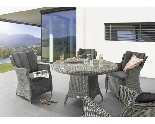 Gartenmöbelset Destiny Luna 4-Sitzer 5 tlg. grau mit Polyratten-Glastisch M, Gartensessel aus Polyrattan, inkl. Auflagen