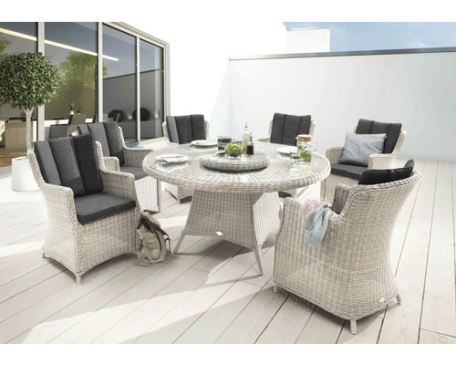 Gartenmöbelset Destiny Luna 6-Sitzer 7 tlg. weiß mit Polyratten-Glastisch, Gartensessel aus Polyrattan, inkl. Auflagen