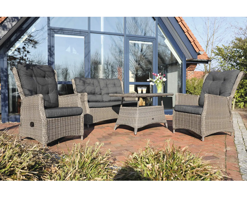 Gartenmöbelset Destiny Casa Relax Sofa 4-Sitzer 4 tlg. vintage grau, 2 Sessel + 2er Bank + Tisch, Polyrattan + Aluminium, Rückenlehne verstellbar, inkl. Auflagen Gartenmöbelset aus Rattan mit Tisch, Bank und Stühlen auf einer Terrasse