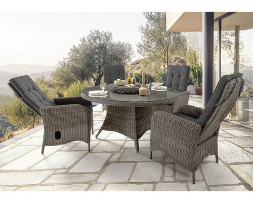 Gartenmöbelset Destiny Palma Luna 4-Sitzer 5 tlg. grau mit Polyratten-Glastisch, Hochlehner aus Polyrattan, Rückenlehne verstellbar, inkl. Auflagen Gartenmöbelset Destiny Palma Luna 4-Sitzer 5 tlg. grau mit Polyratten-Glastisch, Hochlehner aus Polyrattan, Rückenlehne verstellbar, inkl. Auflagen