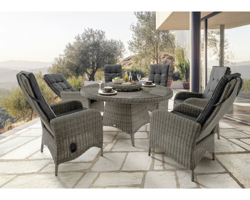 Gartenmöbelset Destiny Palma Luna 6-Sitzer 7 tlg grau mit Polyratten-Glastisch, Hochlehner aus Polyrattan, Rückenlehne verstellbar, inkl. Auflagen Gartenmöbelset Destiny Palma Luna 6-Sitzer 7 tlg grau mit Polyratten-Glastisch, Hochlehner aus Polyrattan, Rückenlehne verstellbar, inkl. Auflagen