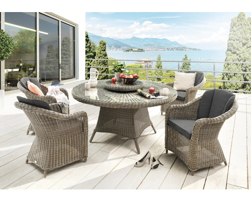 Gartenmöbelset Destiny Malaga Luna 4-Sitzer- 5 tlg. naturbelassen mit Polyratten-Glastisch, Gartensessel aus Polyrattan, inkl. Auflagen