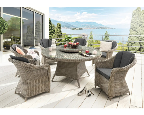 Gartenmöbelset Destiny Malaga Luna 6-Sitzer 7 tlg. naturbelassen mit Polyratten-Glastisch, Gartensessel aus Polyrattan, inkl. Auflagen Gartenmöbelset Destiny Malaga Luna 6-Sitzer 7 tlg. naturbelassen mit Polyratten-Glastisch, Gartensessel aus Polyrattan, inkl. Auflagen