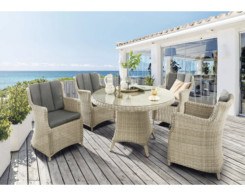 Gartenmöbelset Destiny Luna 4-Sitzer 5 tlg. naturbelassen mit Polyratten-Glastisch, Gartensessel aus Polyrattan, inkl. Auflagen