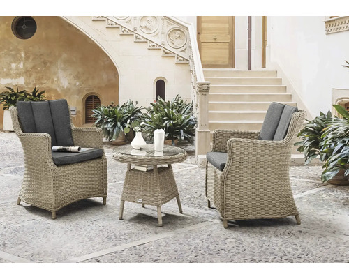 Gartensessel Destiny Luna Malaga 2-Sitzer 3 tlg. naturbelassen mit Polyratten-Glastisch, Gartensessel aus Polyrattan, inkl. Auflagen