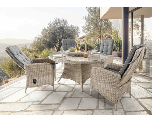 Gartenmöbelset Destiny Palma Luna 4-Sitzer 6 tlg. natur meliert, 4 Sessel + 1 Tisch inkl. Drehteller, Polyrattan + Aluminium, Rückenlehne verstellbar, inkl. Auflagen Gartenmöbelset mit Rattantisch und Sesseln im Außenbereich