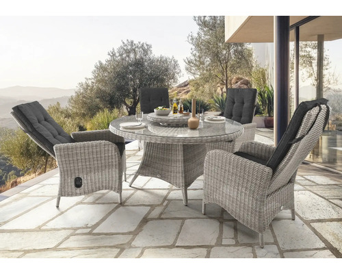 Gartenmöbelset Destiny Palma Luna 4-Sitzer 5 tlg. weiß mit Polyratten-Glastisch, Hochlehner aus Polyrattan, Rückenlehne verstellbar, inkl. Auflagen