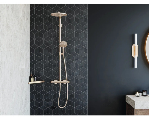 Modernes Badezimmer mit Duschsystem, Ablage und dunklen Fliesen