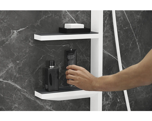 Badezimmerregal mit Kosmetikprodukten und Seife auf Marmorwand