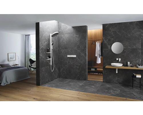 Badezimmer mit Dusche, Waschtisch und Schlafbereich in offenem Raumkonzept.