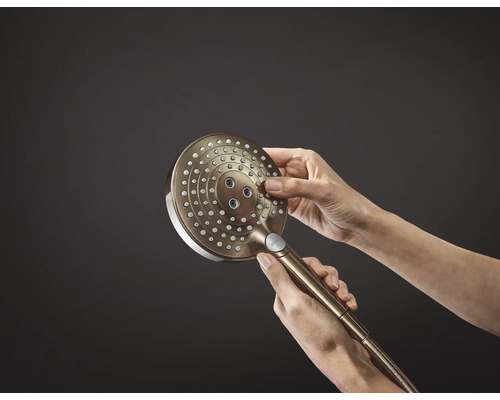Eine Handbrause wird in der Hand gehalten.