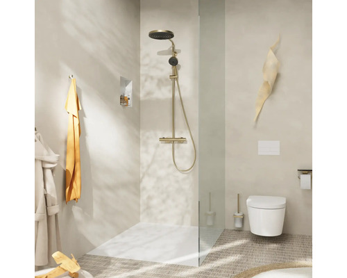 Badezimmer mit Dusche, Toilette und Accessoires