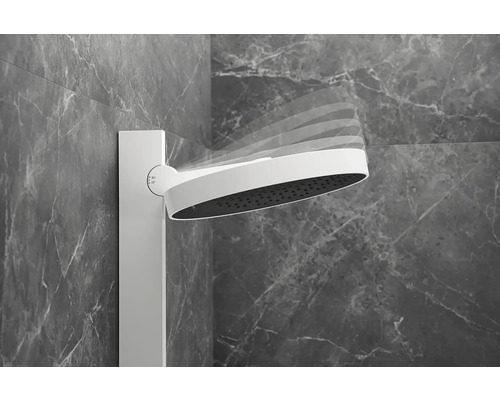 Verstellbarer Duschkopf an einer Duschsäule im Badezimmer.