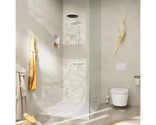 Badezimmer mit Dusche, Toilette und Handtüchern