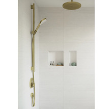 Duschsystem mit Kopfbrause und Handbrause vor einer gefliesten Wand mit Ablagenischen