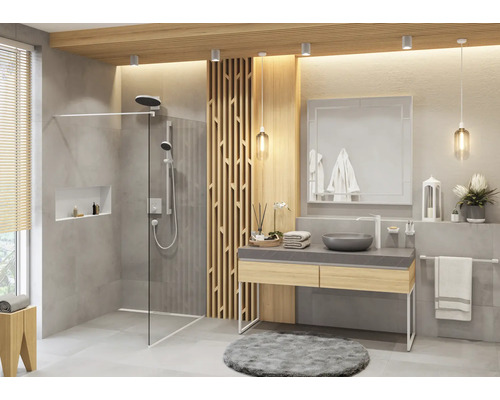 Modernes Badezimmer mit Dusche, Waschtisch und Spiegel