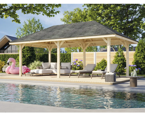 Holzpavillon mit Gartenmöbeln und Pool für den Außenbereich