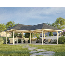 Großer Pavillon mit Grillplatz und Sitzgruppe im Garten.