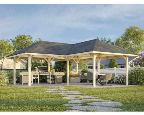 Großer Pavillon mit Grillplatz und Sitzgruppe im Garten.