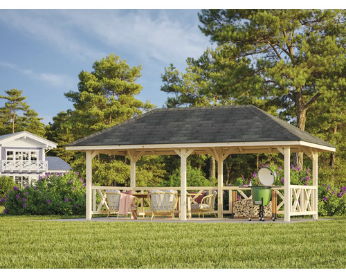 Holzpavillon mit Grillplatz und Sitzgelegenheit im Garten.