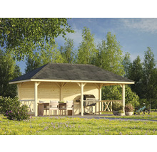 Holz Pavillon mit Grill, Gartentisch und Stühlen im Garten