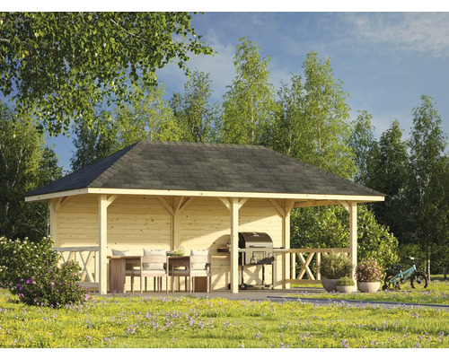 Holz Pavillon mit Grill, Gartentisch und Stühlen im Garten
