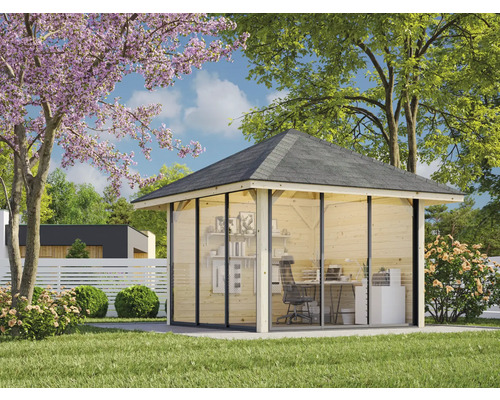 Holzgartenhaus mit Glasfront und Büroausstattung im Garten