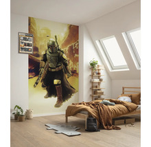 Schlafzimmer mit Star Wars Wandbild, Bett und Holzregal