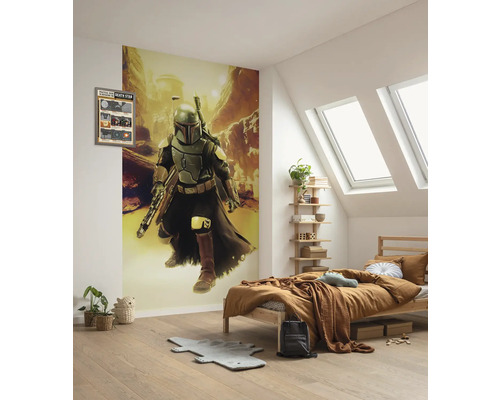 Schlafzimmer mit Star Wars Wandbild, Bett und Holzregal