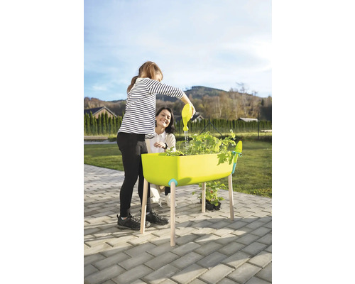 Eine Person gießt Pflanzen in einem Hochbeet mit einer Gießkanne, während eine andere Person zusieht. Gartenarbeit im Freien.