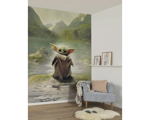 Wohnraum mit einer Fototapete mit dem Motiv des Charakters Grogu vor einer Berglandschaft