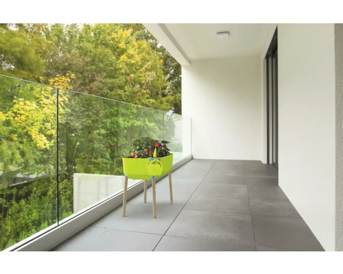 Balkonszene mit einem Pflanztisch mit Gemüse und einer Gießkanne