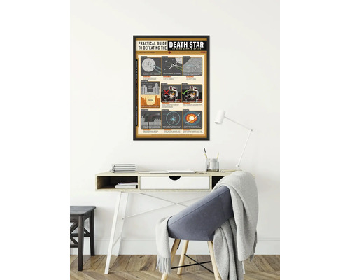 Poster mit einer praktischen Anleitung zur Zerstörung des Todessterns über einem Schreibtisch