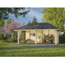 Garten mit modernem Holzgartenhaus mit Glasfront und Büro