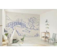 Hell gestalteter Raum mit Zelt, Kinderzimmer-Dekoration und Wandbild mit Brücke und See