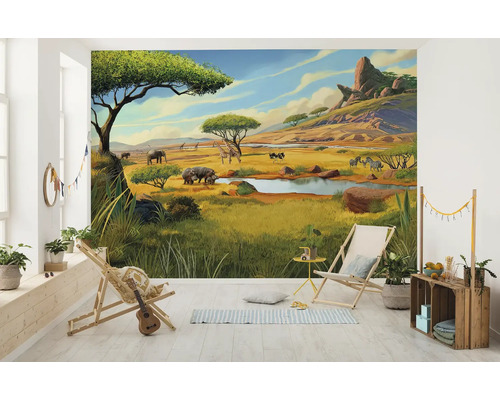 Fototapete mit afrikanischer Savannenlandschaft mit Tieren im Kinderzimmer
