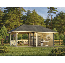Gartenhaus mit Terrasse, Möbeln und Büroausstattung im Garten