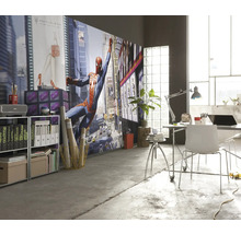 Büroraum mit Spider-Man Fototapete, Schreibtisch und Regalen