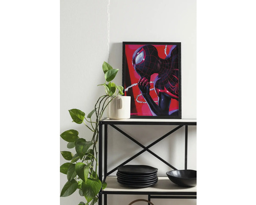 Dekoratives Spider-Man-Poster im Rahmen auf einem Regal mit Geschirr und einer Zimmerpflanze