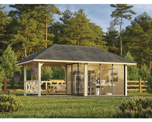 Holz Gartenhaus mit Büroausstattung im Außenbereich