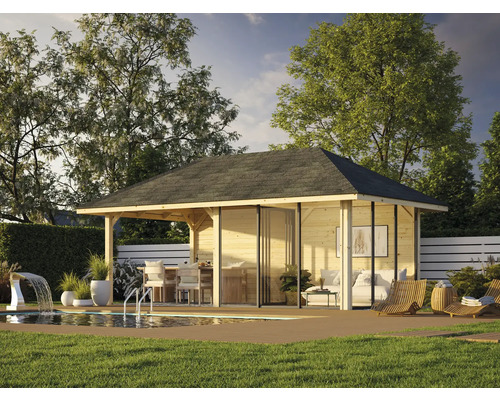 Holzpavillon mit Schiebetüren neben einem Pool und Gartenmöbeln