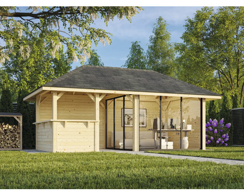 Garten Szene mit Holz Gartenhaus mit Glasfront und Holzlege