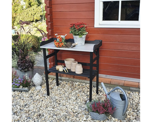 Gartentisch mit Pflanzen und Gartenzubehör vor einem Holzhaus